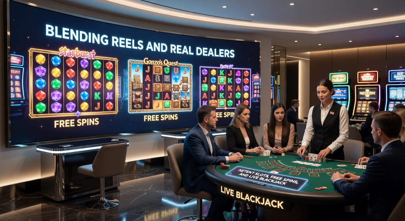 Vibrant casino interface showing NetEnt slot reels merging with a live blackjack table, free spins icons glowing in the background