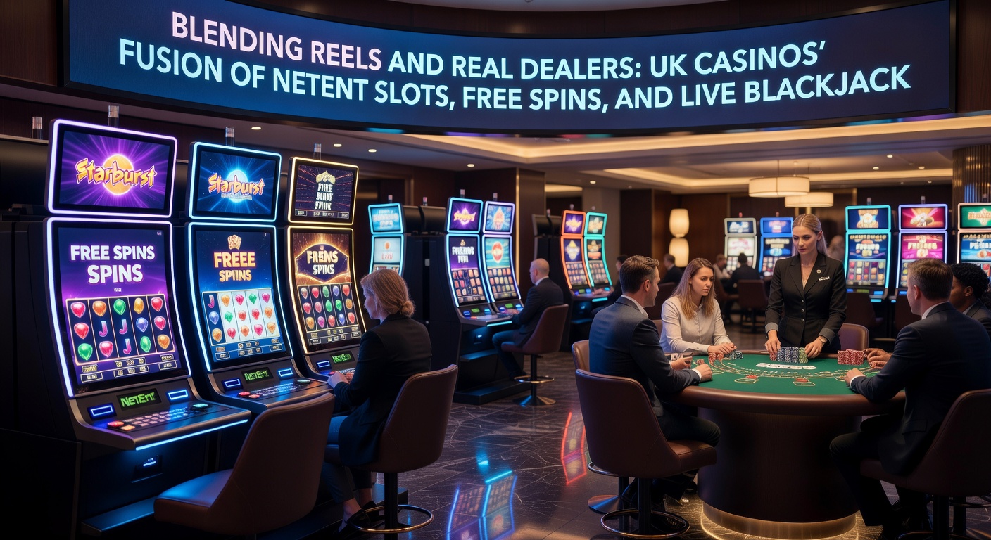 Dynamic split-screen of NetEnt slot free spins activating during a live blackjack round, with UK casino promotions overlay