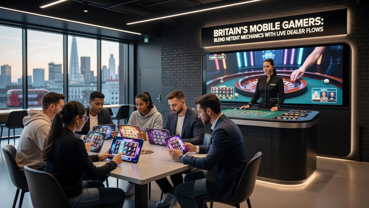 Smartphone screen displaying blended NetEnt mechanics and live dealer gameplay interface