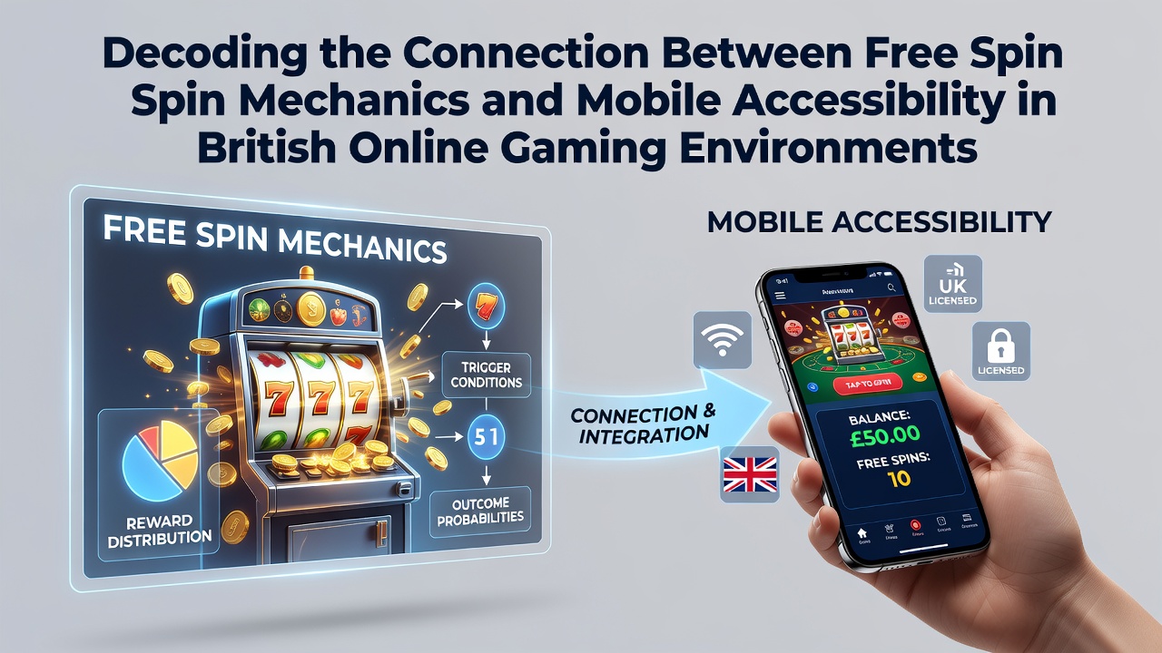 Illustration showing mobile phone displaying free spin slot interface with accessible design elements in a British online gaming setting