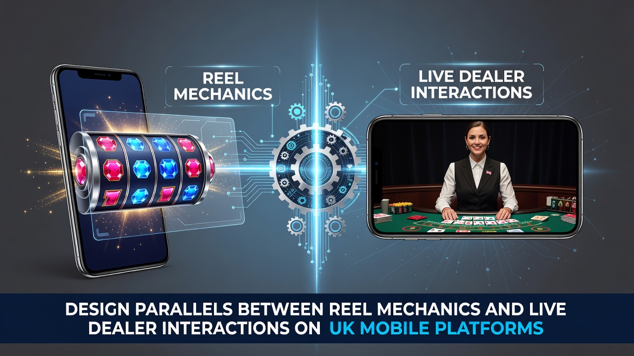 Mobile screen displaying slot reel animations alongside live dealer table layout with shared touch controls