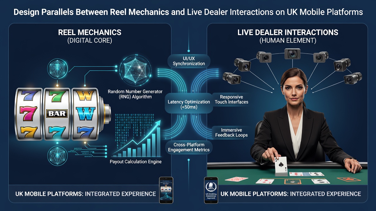 Split view of mobile interface comparing reel stop buttons with live dealer decision panels