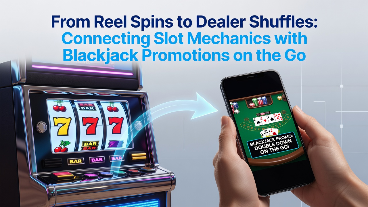 Mobile casino interface showing slot reels transitioning to blackjack table with promotional overlays