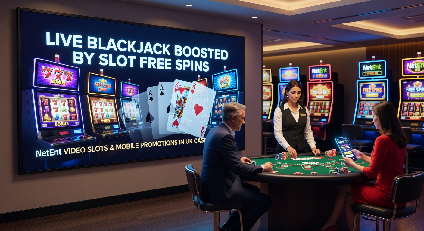 Close-up of a mobile device displaying NetEnt's Gonzo's Quest free spins transitioning to a live blackjack dealer dealing cards, with promotion banners visible