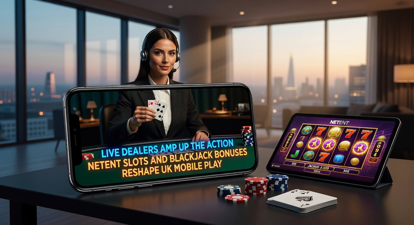 Close-up of a NetEnt blackjack live dealer dealing cards on a mobile interface, with bonus icons and slot thumbnails visible