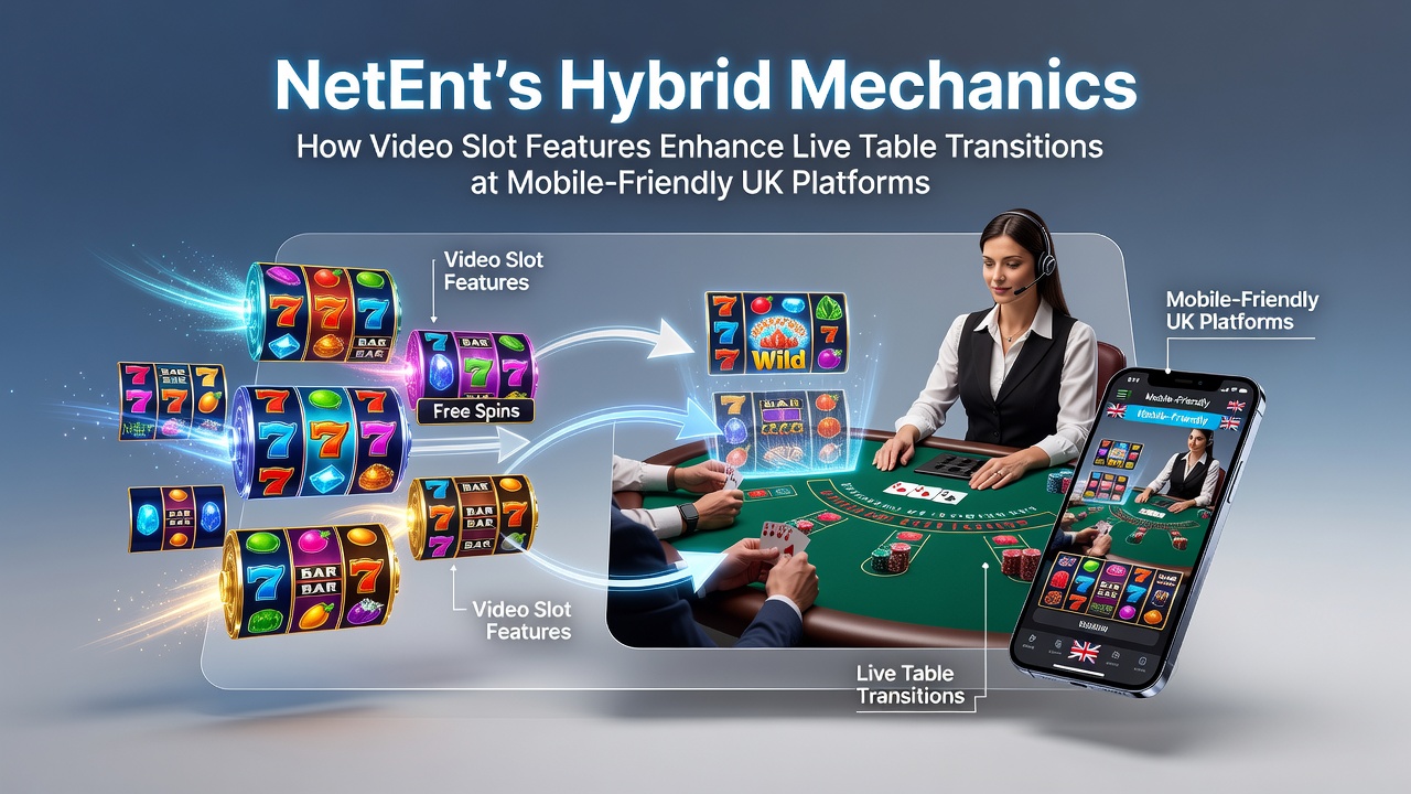 NetEnt hybrid mechanics illustration showing video slot features transitioning to live table games on mobile devices