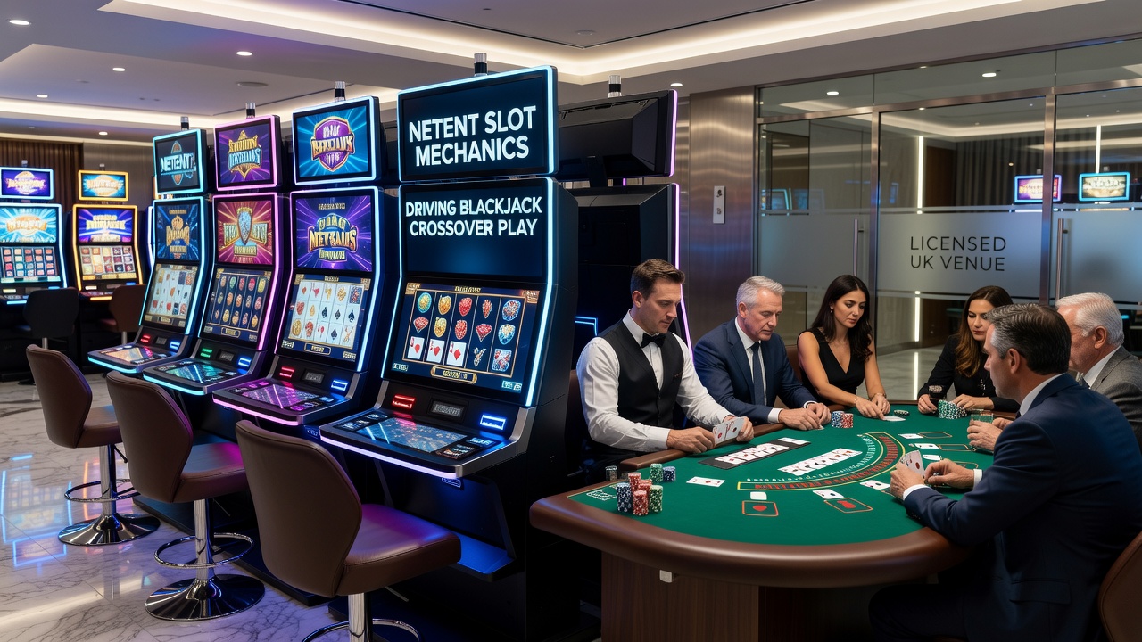 NetEnt slot interface displaying expanding wild features alongside a live blackjack table setup in a UK casino environment