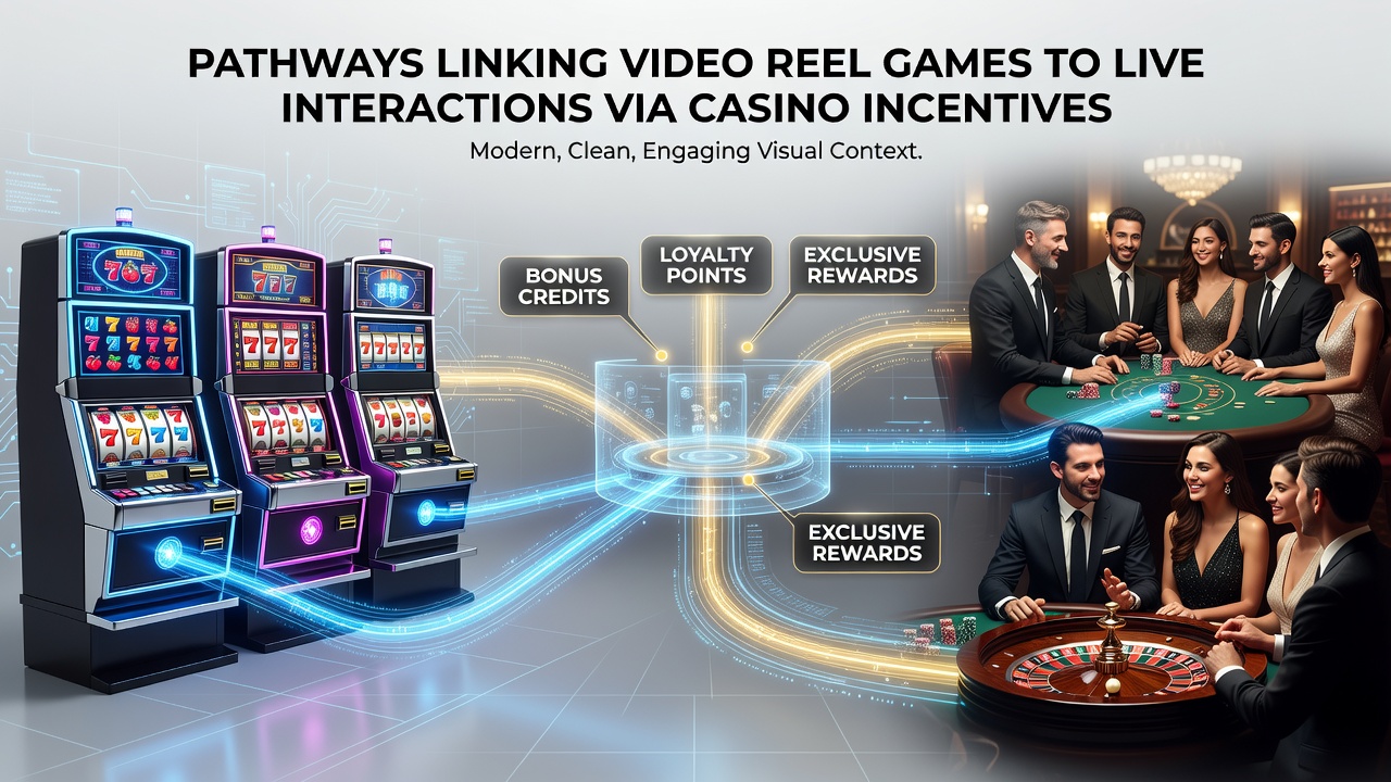 Diagram depicting player journey from video reels to live dealer games supported by casino bonuses