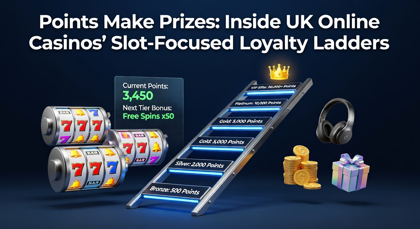 Graphic showing a ladder with slot machine icons and prize levels in a vibrant casino-themed design