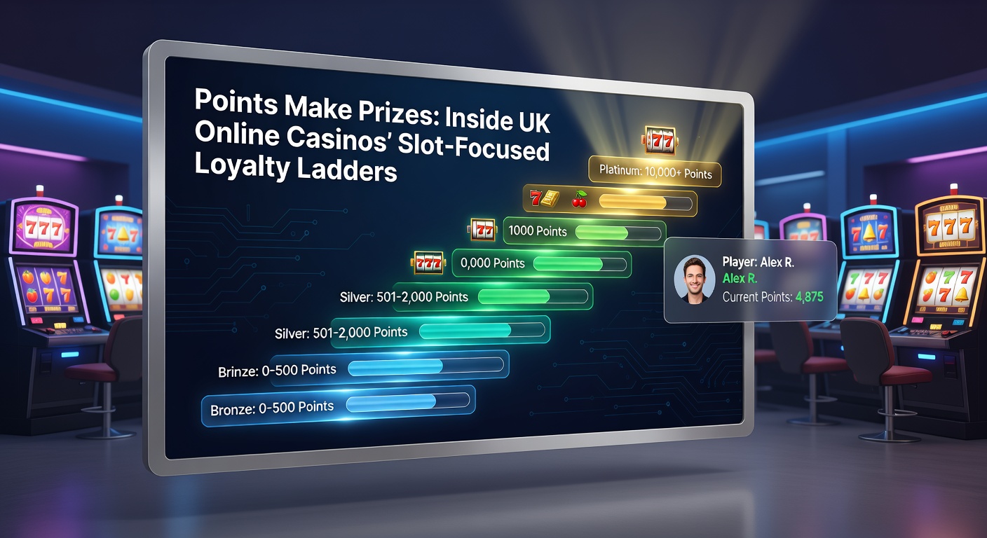 Illustration of a player ascending a glowing loyalty ladder amid cascading slot symbols and prize icons