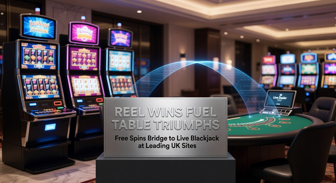 Vibrant slot reels transitioning into a live blackjack table with cards and chips in motion, symbolizing the bridge from spins to table games