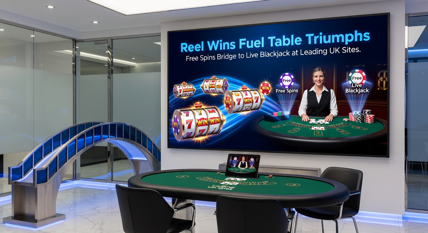 Dynamic split-screen showing slot free spins exploding into wins beside a live dealer dealing blackjack cards, highlighting promotional connectivity