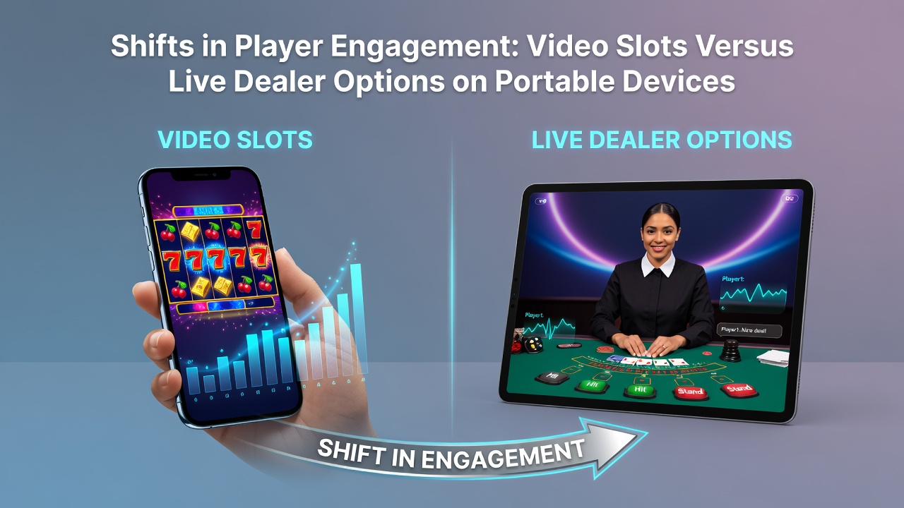 Mobile device showing video slots and live dealer game interfaces side by side