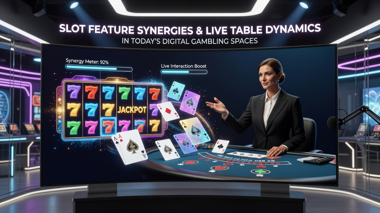 Digital interface showing slot reels overlaying a live blackjack table with shared multiplier indicators
