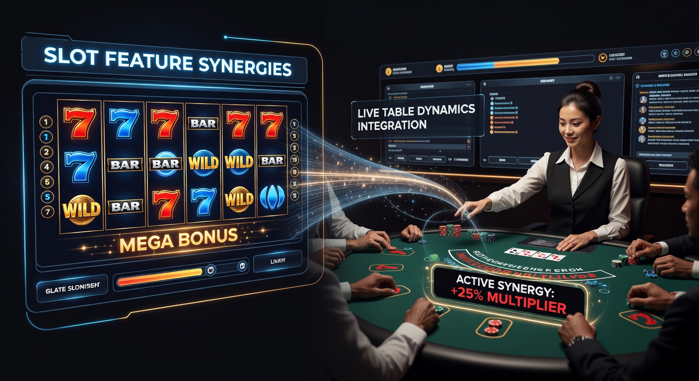 Split-screen view of cascading slot symbols transitioning into live poker chip stacks with highlighted synergy indicators