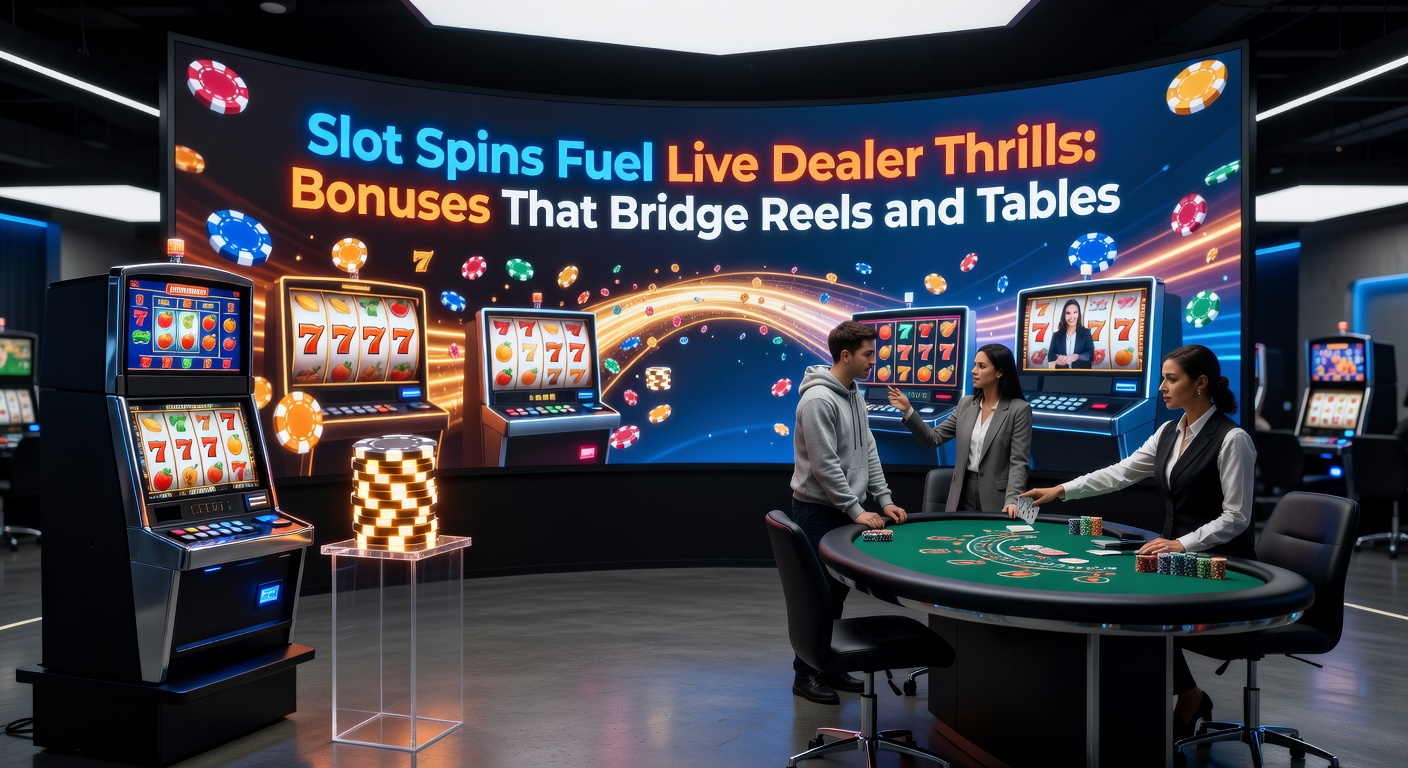 Vibrant slot reels spinning energetically beside a sleek live dealer blackjack table, highlighting the seamless blend of digital excitement and real-time interaction