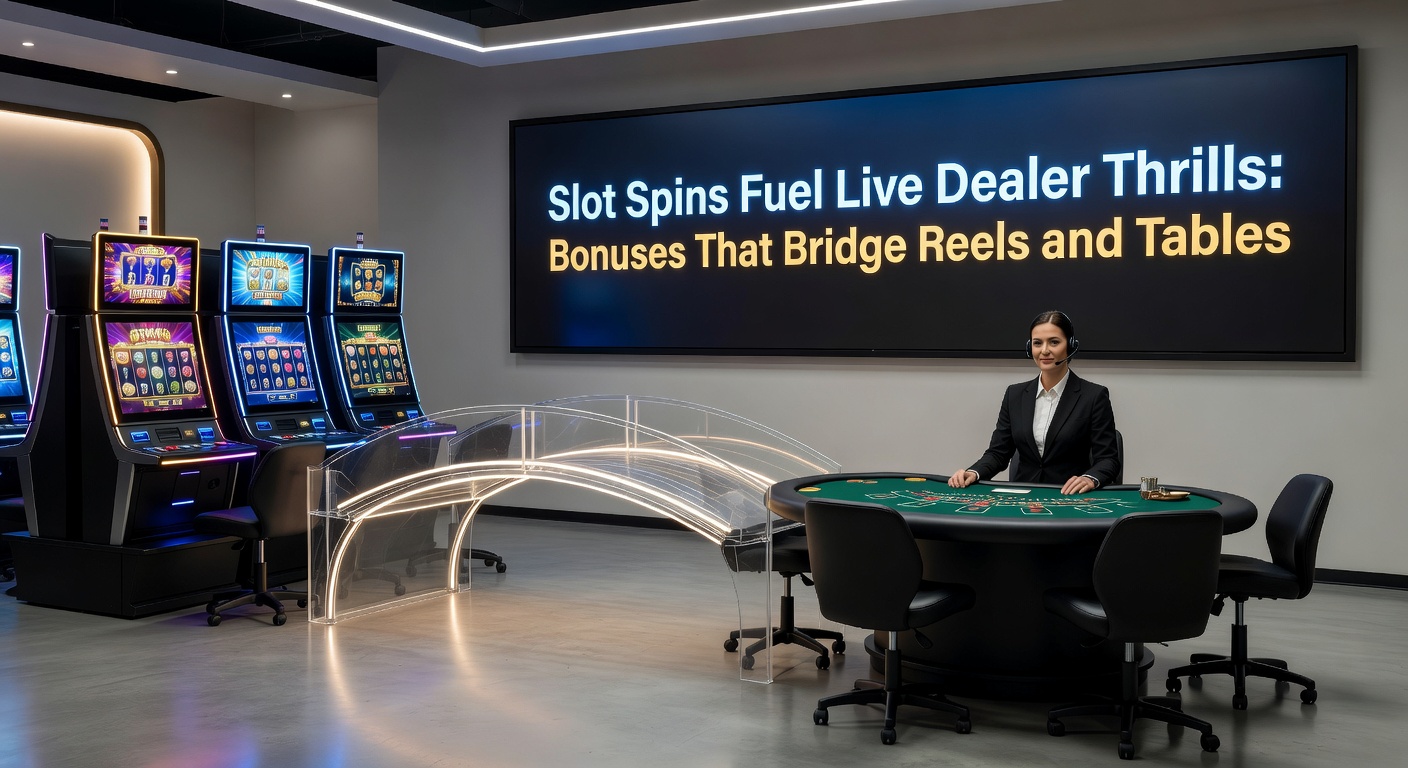 Dynamic scene of a player transitioning from slot free spins to a live dealer roulette wheel, with bonus icons bridging the two gaming worlds