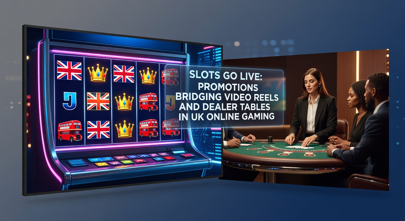 Vibrant online casino interface showing spinning slot reels transitioning to a live dealer blackjack table with promotional overlays highlighting bonus offers