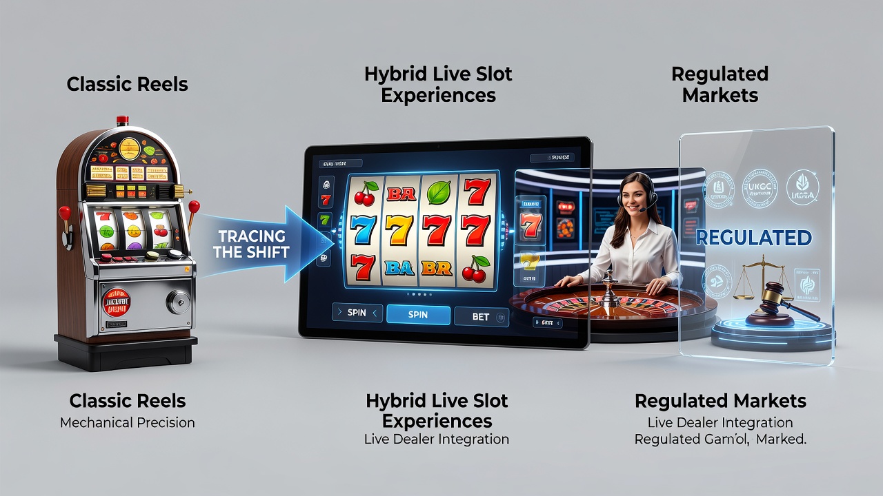 Hybrid live slot interface displaying live dealer interaction alongside digital reels in a regulated online gaming platform