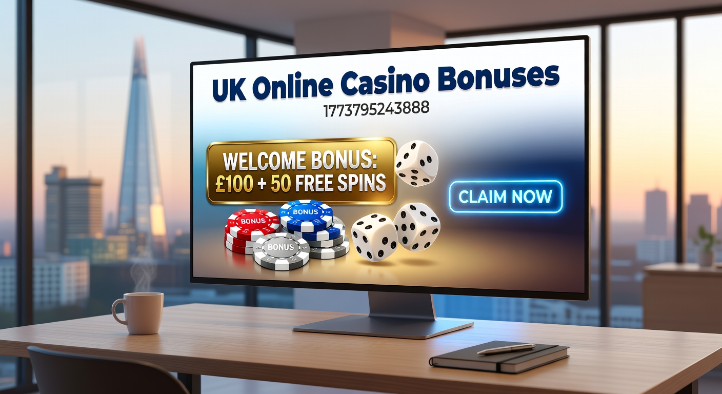 Vibrant display of online casino bonus promotions featuring spinning slots and stacked chips on a digital interface, highlighting UK-specific offers