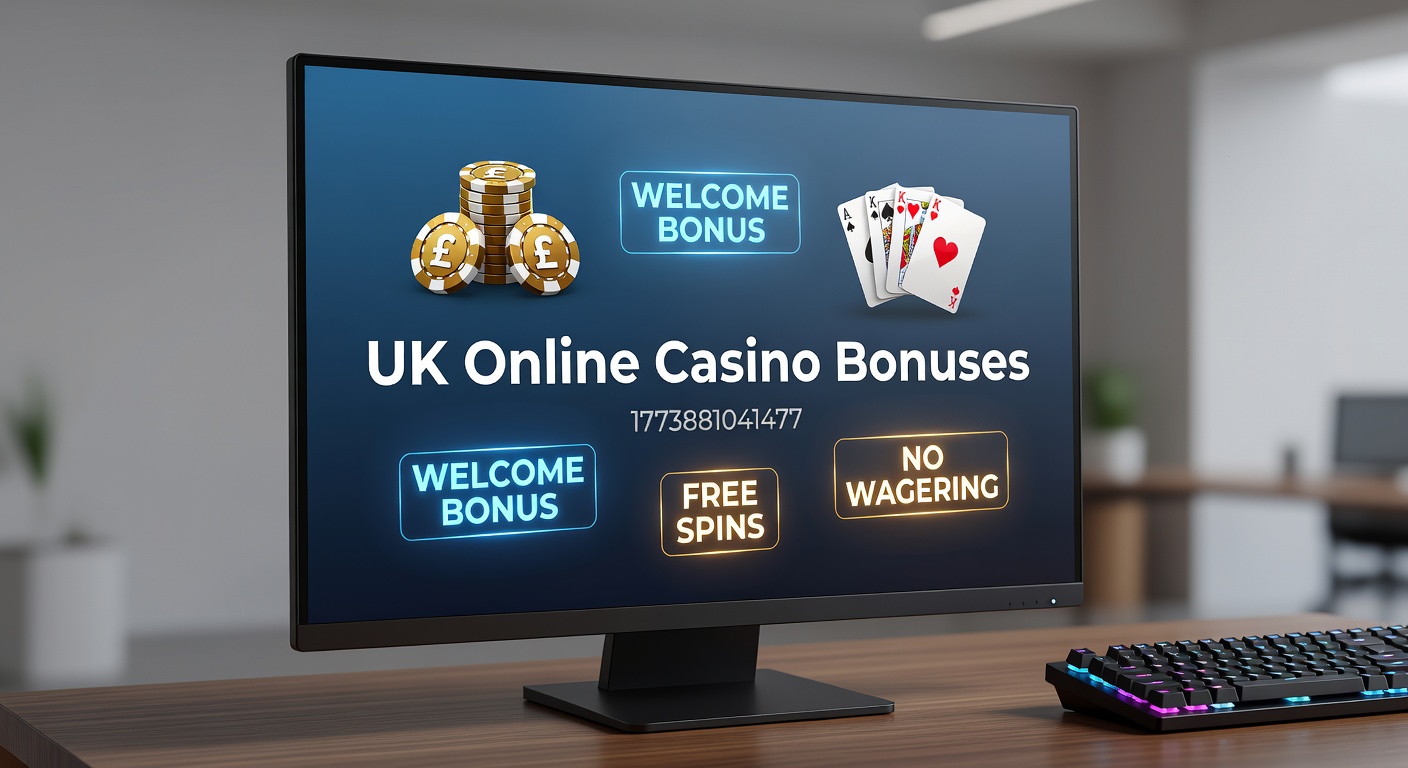 Vibrant display of online casino bonus offers on a digital screen, highlighting welcome packages and free spins promotions targeted at UK players