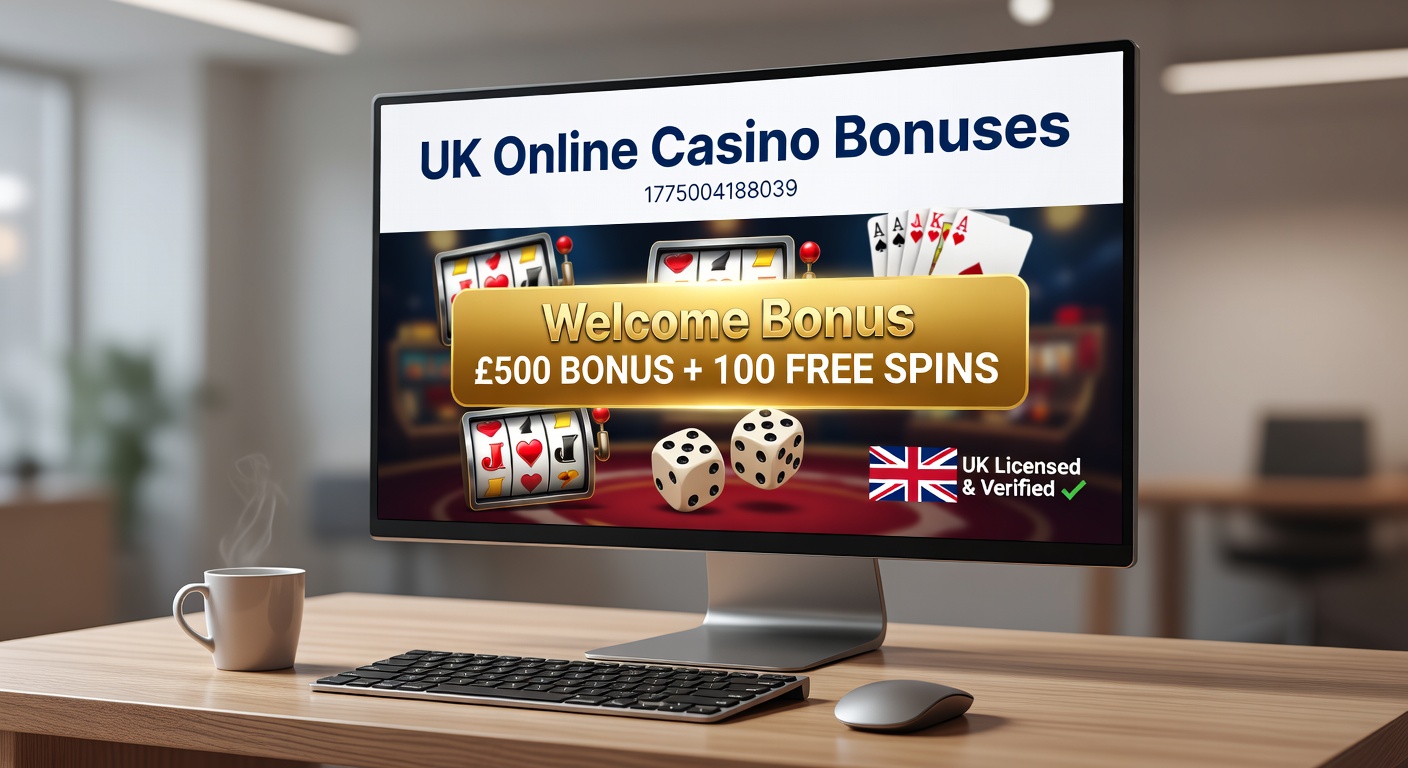 Vibrant display of online casino bonus offers on a UK player's screen, highlighting welcome packages and free spins promotions