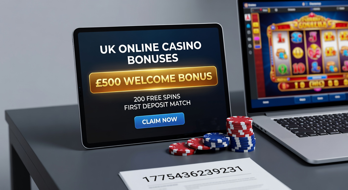 Vibrant display of online casino bonus offers on a mobile screen, highlighting welcome bonuses and free spins for UK players