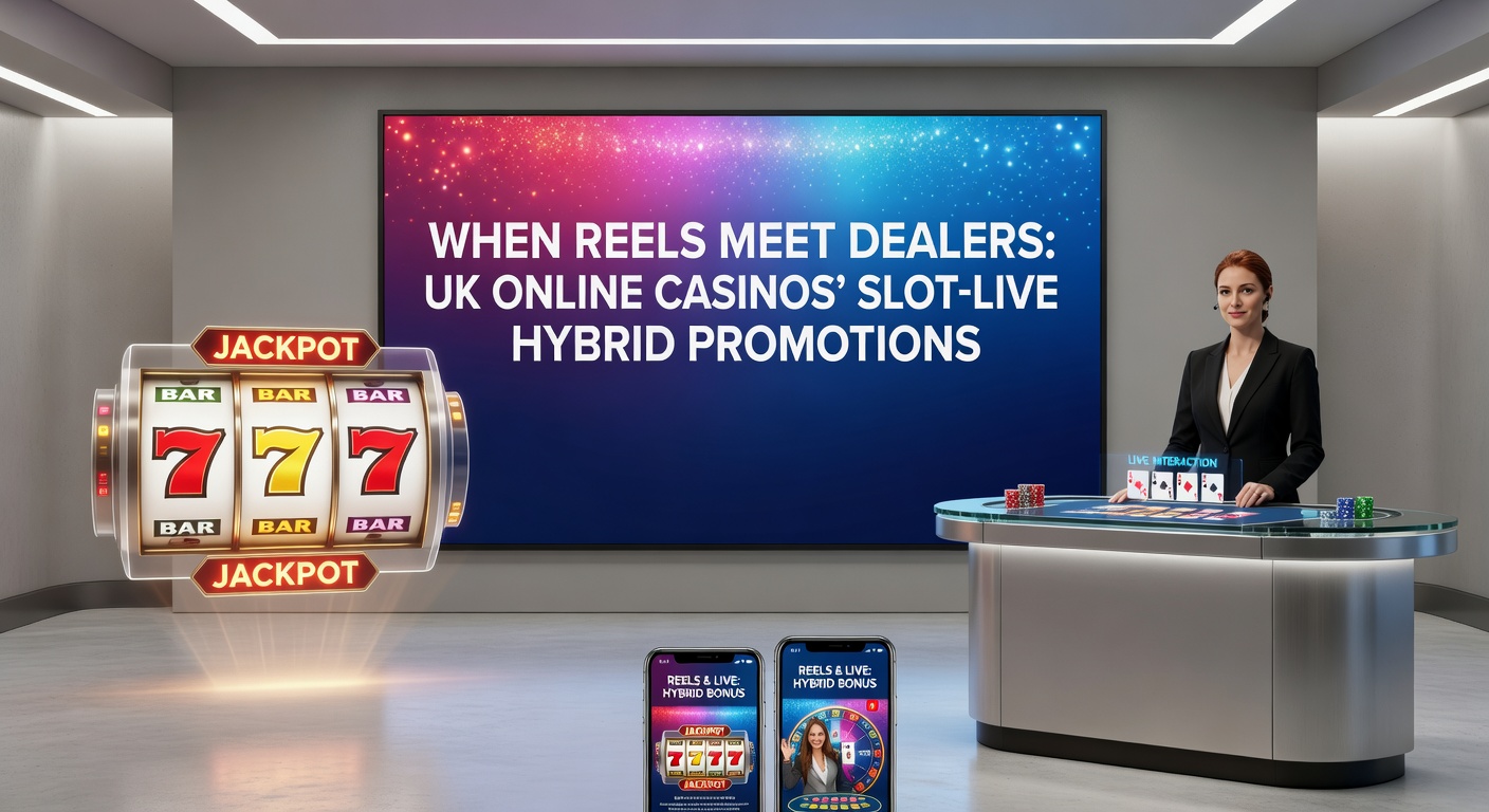 Vibrant online casino interface showing spinning slot reels transitioning into a live dealer blackjack table, highlighting hybrid promotion elements
