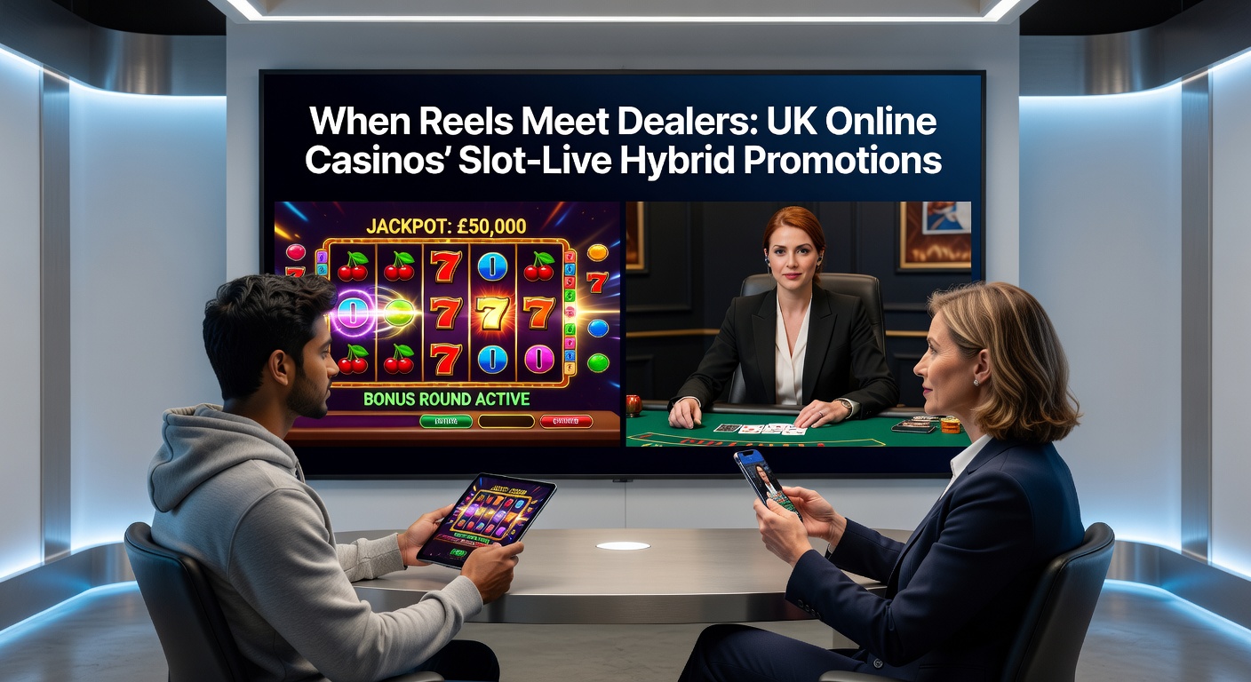 Dynamic split-screen graphic of a slot machine jackpot aligning with a live dealer dealing cards, symbolizing seamless hybrid promotion play